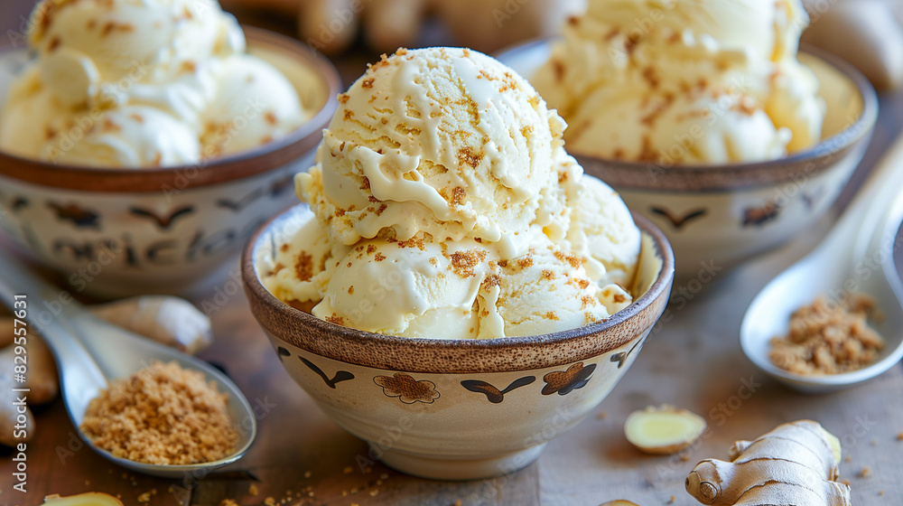 Ginger Ice Cream in an Asian-inspired setting, garnished with candied ginger. Ginger Ice Cream in an Asian-inspired setting, garnished with candied ginger.