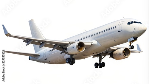 Close-up side view of a white airplane taking off against a white background photo