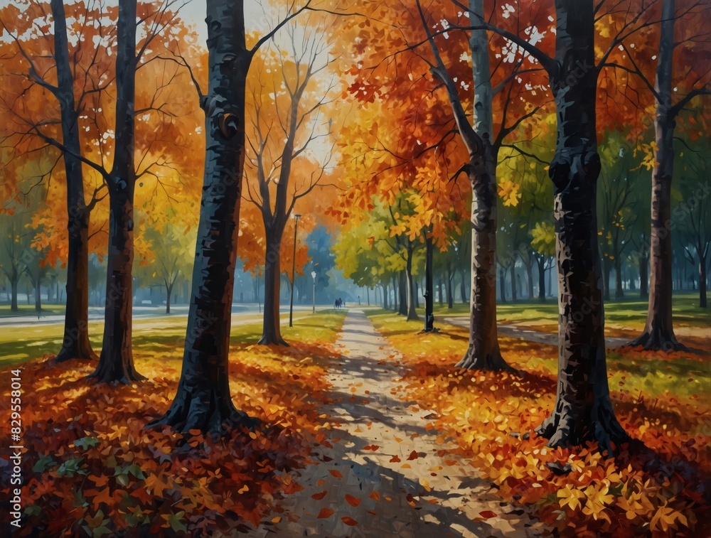 Expressive oil painting of autumn park. Semi-abstract view of oak trees with fiery leaves.