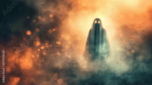 Detailed Ghostly Figure and Eerie Mist on Blurred Halloween Background