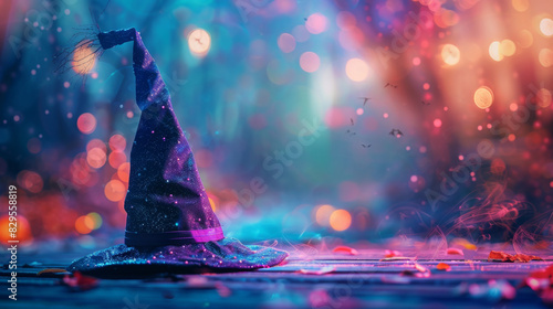 Detailed Witch's Hat and Broom Rest on a Blurred Halloween Background, Offering Copyspace for Your Spooky Messages, with Vibrant Colors and Playful Illustrations that Capture the Magical  photo