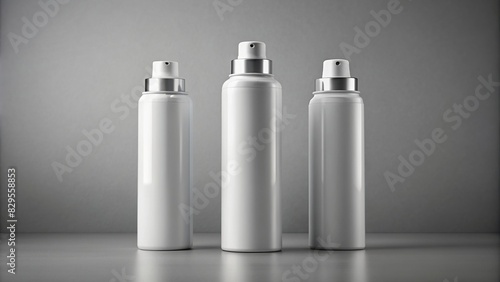 Mock up of three white aluminum deodorant or spray bottles on a grey background