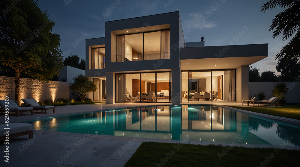 Fototapeta premium View of a luxurious modern house at night