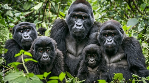 Family of mountain gorillas with a baby gorilla and a silverback posing for picture in Rwanda photo