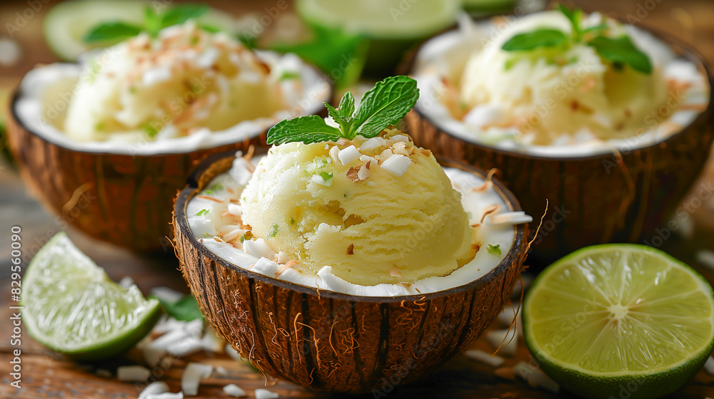 Coconut Lime Sorbet in a tropical paradise, served in a hollowed-out coconut.
Coconut Lime Sorbet in a tropical paradise, served in a hollowed-out coconut.