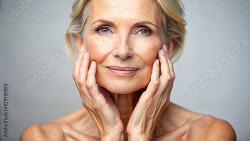 Close-up of middle-aged woman touching her skin in a room  beauty concept