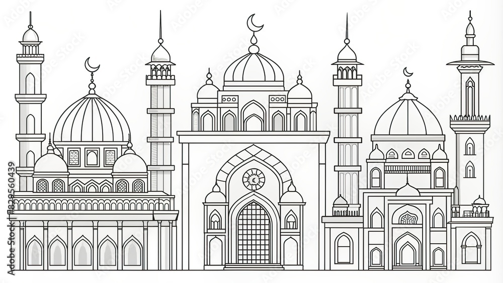 Detailed line art images of various mosques for children to color in and learn about different architectural styles