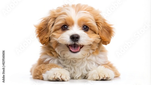 Adorable smiley maltipoo puppy in brown and white color, isolated on white background