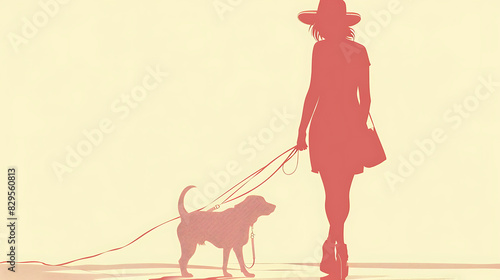 A woman in a hat walks her dog on a leash. The woman is wearing a dress and boots. The dog is a small breed. They are walking on a path in a park.