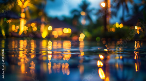 A blurred focus background with tropical resort at sunset with distant lights and palm leaves. Swimming pool on the foreground. Summer vacation and travel concept. Banner with copy space. © NeuroCake