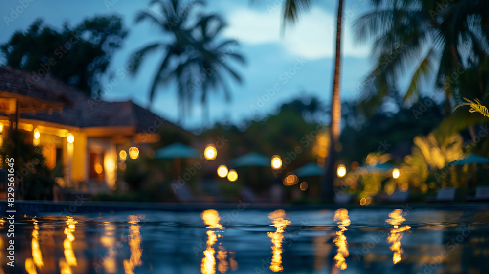 A blurred focus background with tropical resort at sunset with distant lights and palm leaves. Swimming pool on the foreground. Summer vacation and travel concept. Banner with copy space. A blurred focus background with tropical resort at sunset with distant lights and palm leaves. Swimming pool on the foreground. Summer vacation and travel concept. Banner with copy space.