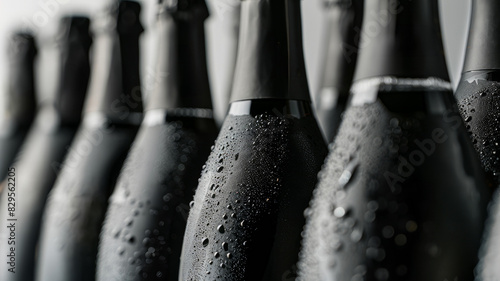 Close-up of multiple unopened champagne bottles with condensation. photo
