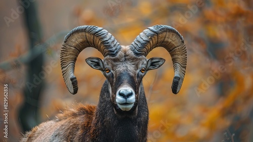 Mouflon, Ovis orientalis, portrait of mammal with big horns, Prague, Czech Republic. Wildlife scene form nature. Animal behavior in forest. Muflon with big horns on the head, in the forest