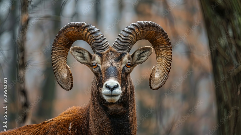 Mouflon, Ovis orientalis, portrait of mammal with big horns, Prague, Czech Republic. Wildlife scene form nature. Animal behavior in forest. Muflon with big horns on the head, in the forest Mouflon, Ovis orientalis, portrait of mammal with big horns, Prague, Czech Republic. Wildlife scene form nature. Animal behavior in forest. Muflon with big horns on the head, in the forest