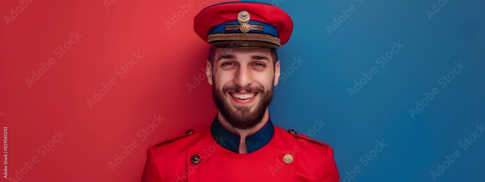 Cheerful Young Bellhop Exuding Enthusiasm in Vibrant Hotel Lobby Cheerful Young Bellhop Exuding Enthusiasm in Vibrant Hotel Lobby