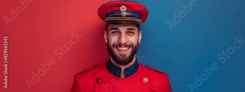 Cheerful Young Bellhop Exuding Enthusiasm in Vibrant Hotel Lobby photo