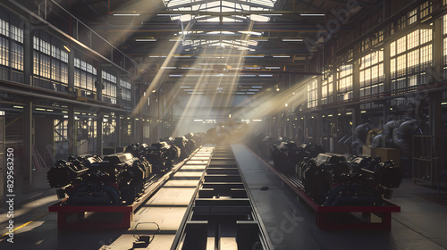 A conveyor belt carrying car engines towards assembly, illuminated by strips of natural light from skylights above, which cast soft, industrial shadows across the metallic surfaces photo