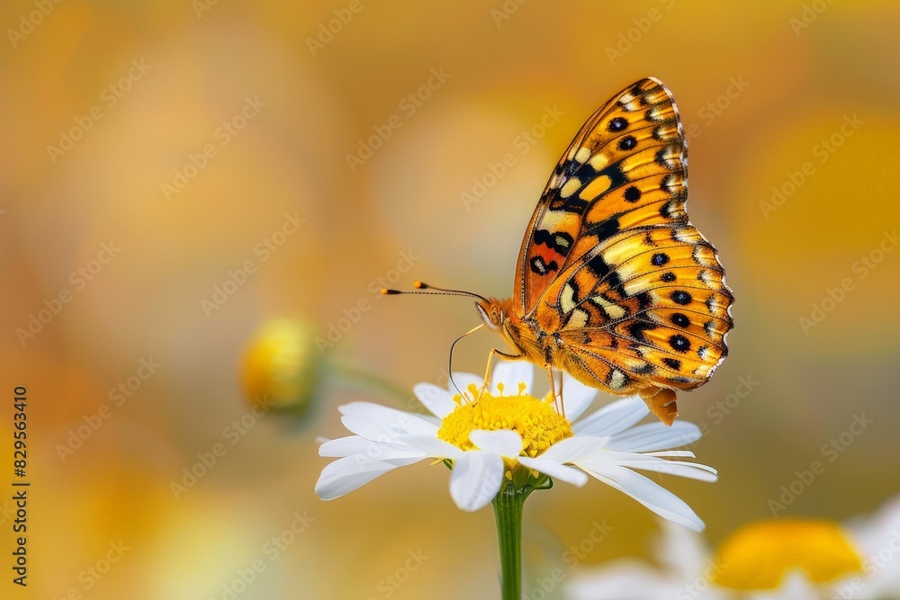 Obraz premium Colorful Butterfly with Intricate Wings Pattern Perched on a Daisy Petal in Garden Setting