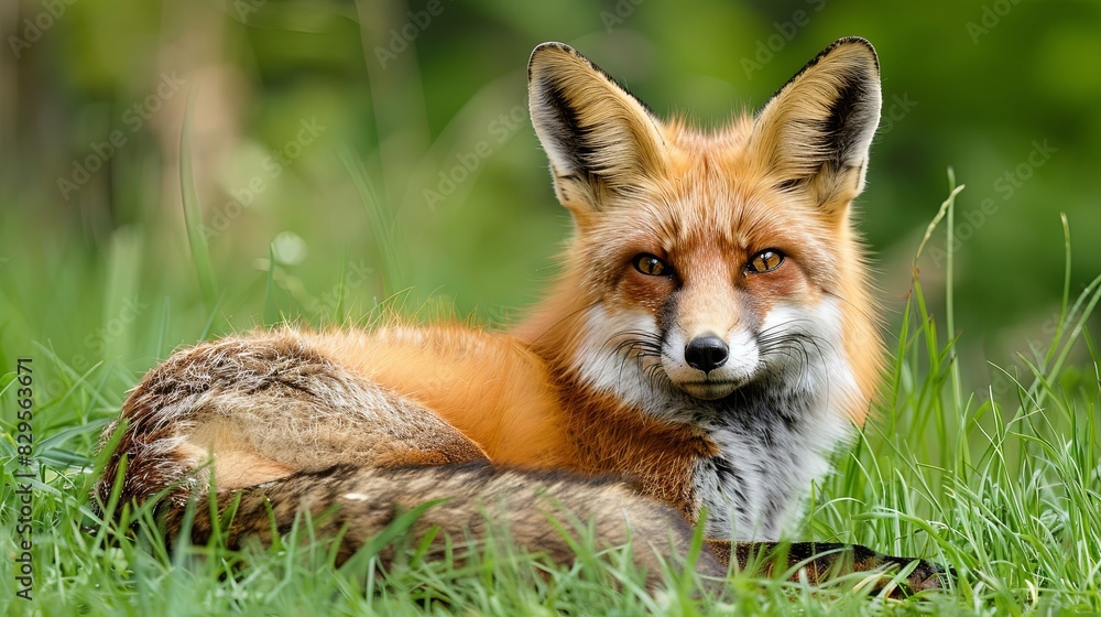 Portrait of red fox (vulpes vulpes) lying in grass Portrait of red fox (vulpes vulpes) lying in grass
