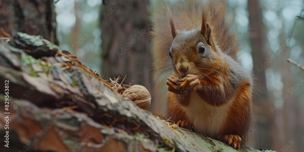 A squirrel in a forest eating nuts on the trees A squirrel in a forest eating nuts on the trees