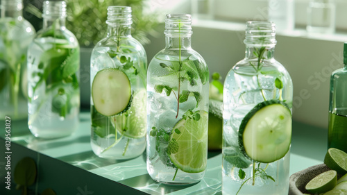 Bottles of cucumber  lime  and mint-infused water on a green surface.