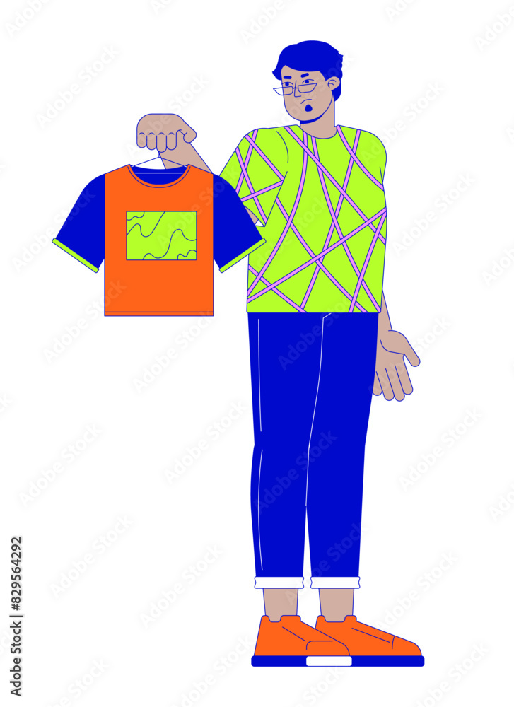 Middle eastern man displeased by new t shirt 2D linear cartoon character. Arab male disliking clothes isolated line vector person white background. Product return color flat spot illustration