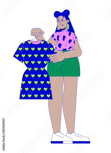 Unhappy latina woman holding hanger with dress 2D linear cartoon character. Curvy hispanic female returning clothes isolated line vector person white background. Shopping color flat spot illustration