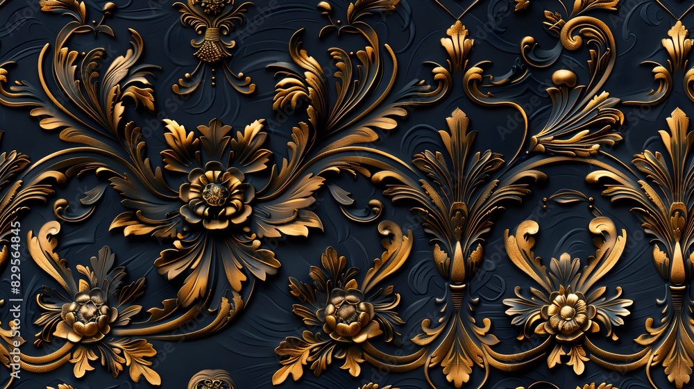 A gold and blue floral design with a gold leaf. The design is ornate and intricate A gold and blue floral design with a gold leaf. The design is ornate and intricate