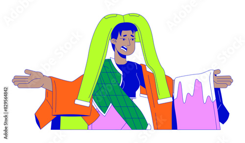 Unhappy black woman under clothes pile 2D linear cartoon character. African american shopaholic isolated line vector person white background. Overconsumption fashion color flat spot illustration