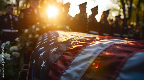 A flag-draped casket being carried by a military honor guard during a memorial service, with copy space, blurred background photo