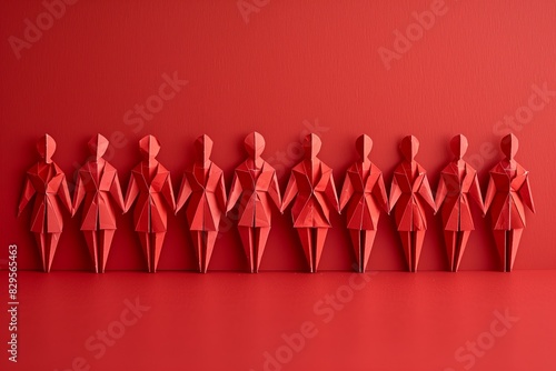 Line of red origami human figures holding hands on a red background, symbolizing unity and togetherness.