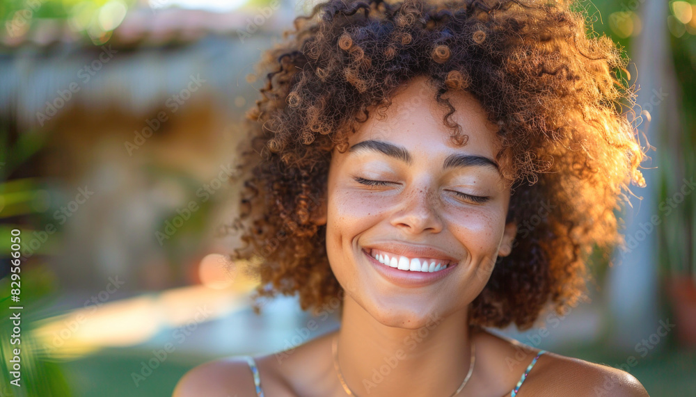 A woman, whose hair is curly, joyfully smiles with her eyes closed in happiness A woman, whose hair is curly, joyfully smiles with her eyes closed in happiness