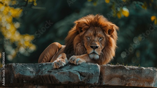 A lion lies on a stone and looks forward