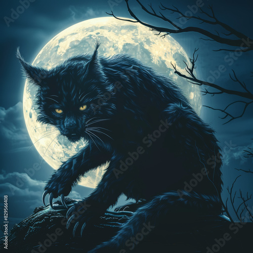 Halloween  Fluffy Clawed Werewolf Cat on Tree Branch at Night