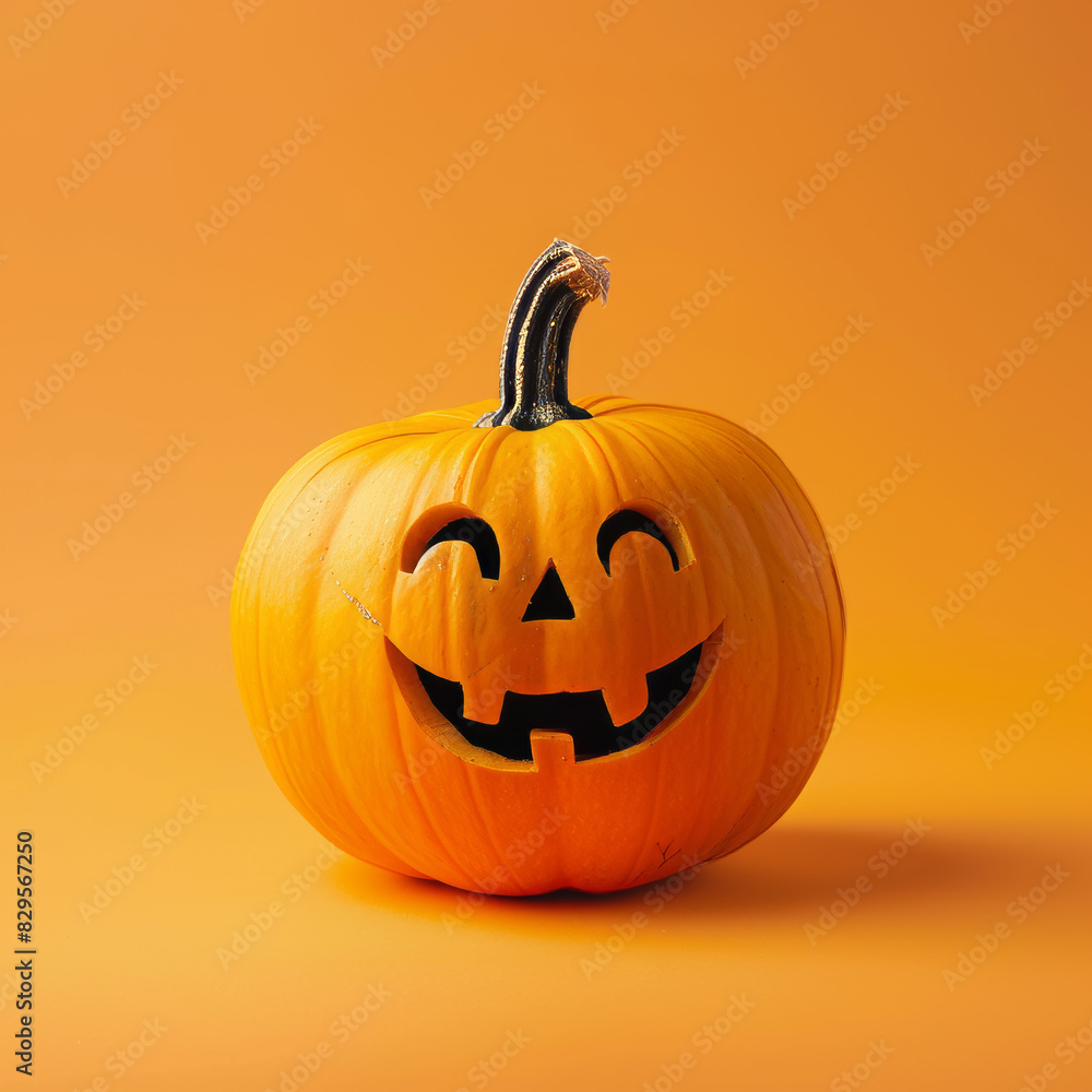 Cheerful Pumpkin with Happy Face on Vibrant Orange for Halloween Cheerful Pumpkin with Happy Face on Vibrant Orange for Halloween