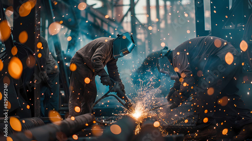 An action shot of workers in the middle of welding, with sparks flying around them, under an overcast sky that diffuses the natural light and softens shadows. , natural light, soft photo
