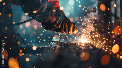 An action shot of workers in the middle of welding, with sparks flying around them, under an overcast sky that diffuses the natural light and softens shadows. , natural light, soft photo