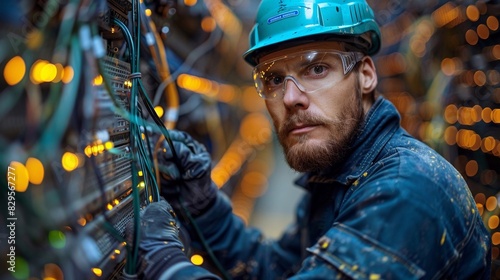 Un tecnico installatore di cavi in ​​fibra ottica davanti ad una cabina di derivazione