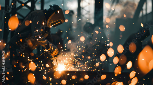An action shot of workers in the middle of welding, with sparks flying around them, under an overcast sky that diffuses the natural light and softens shadows. , natural light, soft