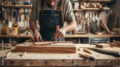 An experienced artisan carefully shapes wooden elements, demonstrating the art of fine woodworking in his cluttered workshop. AIG41 photo