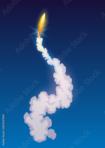 Rocket trail fire smoke, spaceship launch with clouds, spaceflight effects. Space rocket of galaxy shuttle or spacecraft engine. Cartoon vector illustration
