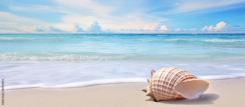 Tropical beach landscape featuring a conch shell with a serene copy space image Tropical beach landscape featuring a conch shell with a serene copy space image