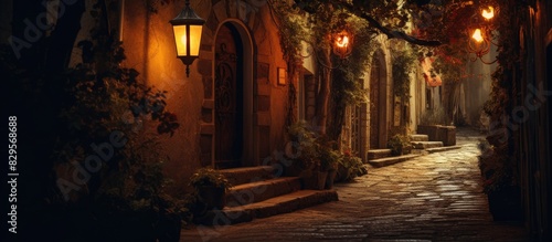 Winding alley in the lantern light. Copy space image. Place for adding text and design