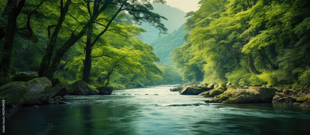 A serene river flowing through a dense forest with a vast expanse of copy space image A serene river flowing through a dense forest with a vast expanse of copy space image