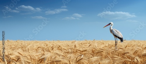 Stork elegantly strolling across a vast expanse of harvested fields with a clear blue sky in the background creating a serene atmosphere in the copy space image photo
