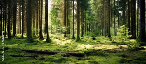 Spring coniferous forest scenery with copy space image