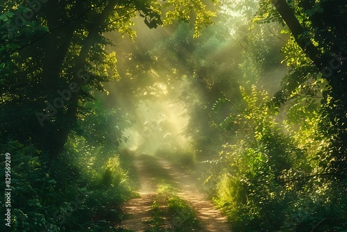 A lush green forest path bathed in golden morning sunlight, with leaves gently swaying in the breeze.