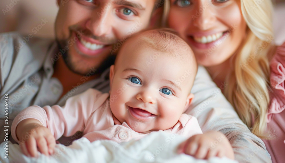 In the photo, a man and woman are joyfully holding a baby while smiling at the camera In the photo, a man and woman are joyfully holding a baby while smiling at the camera