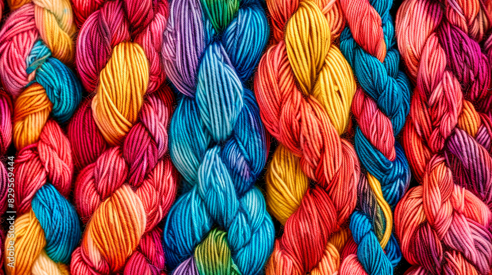 Beautiful colorful background made of braided yarn strings in various colors Beautiful colorful background made of braided yarn strings in various colors