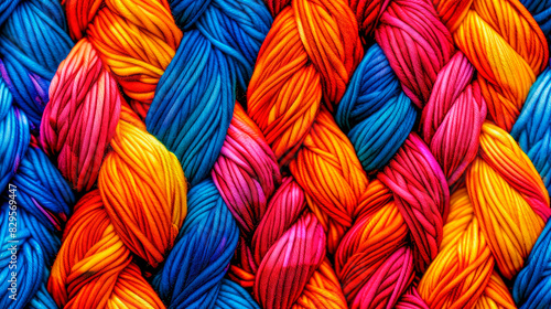 Beautiful colorful background made of braided yarn strings in various colors, close-up knitting.